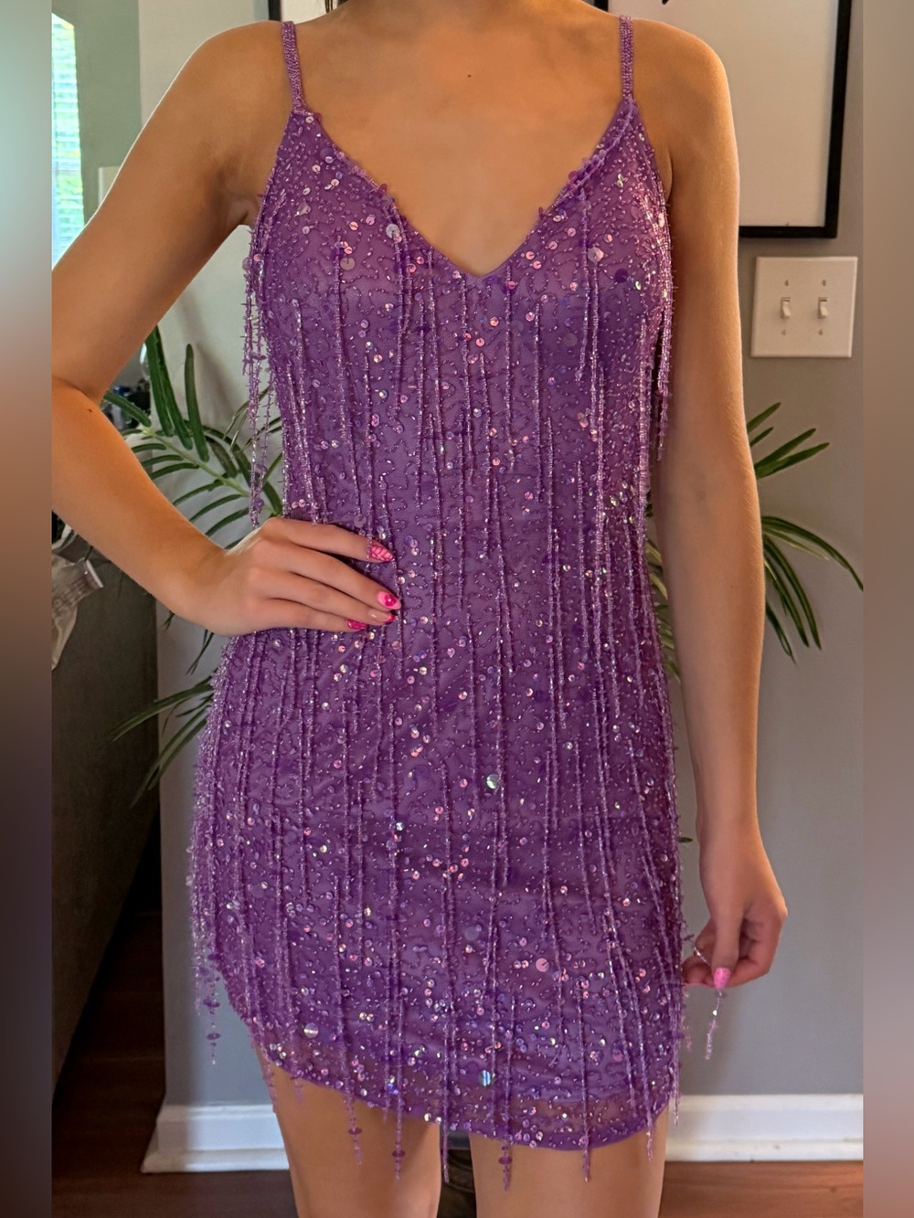 Purple Sequin Fringe Mini Dress with Spaghetti Straps